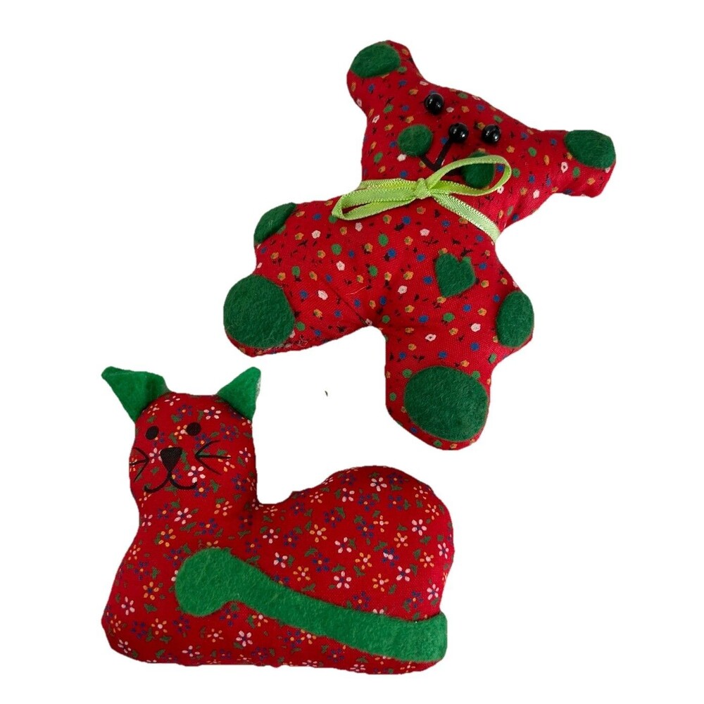 Set Of 2 Plush Christmas Tree Ornaments Cat And Bear Kitschy Holiday Decor Gift